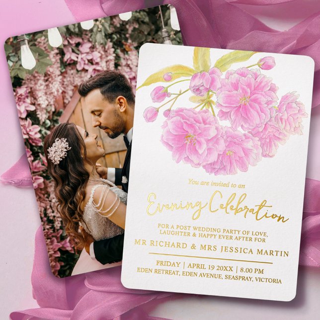 Pink blossom spring evening celebration gold  foil invitation (Creator Uploaded)