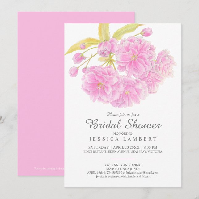 Pink blossom spring floral bridal shower invites (Front/Back)