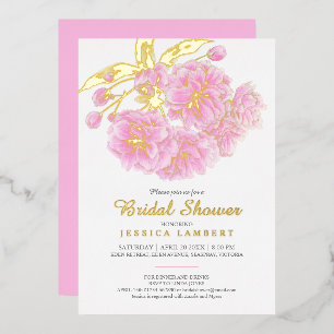 Pink blossom spring flowers bridal shower foil invitation