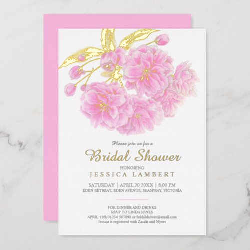 Pink blossom spring flowers bridal shower foil invitation