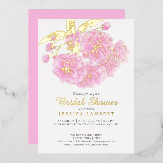 Pink blossom spring flowers bridal shower foil invitation (Front/Back)