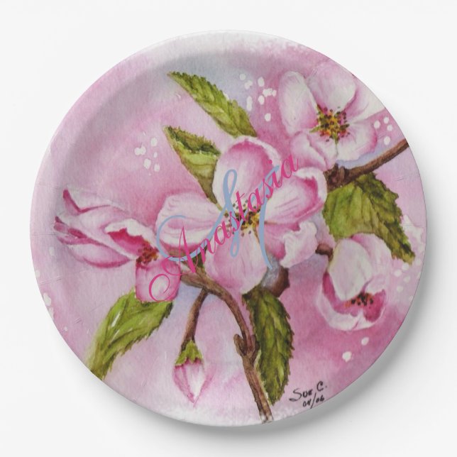 PINK BLOSSOM SPRING PARTY MONOGRAM PAPER PLATES (Front)
