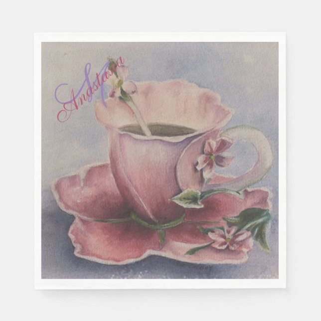 PINK BLOSSOM TEA CUP MONOGRAM PARTY PAPER NAPKINS (Front)