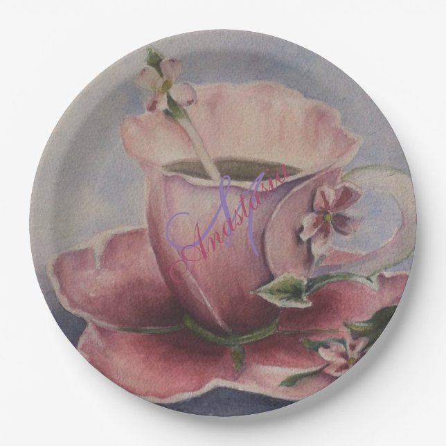 PINK BLOSSOM TEA CUP MONOGRAM PARTY PAPER PLATES (Front)