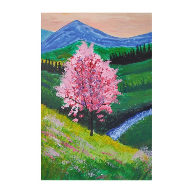 Pink blossom tree in the field acrylic print (Front)