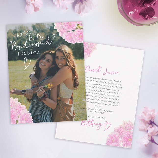 Pink blossom watercolor bridesmaid proposal note card (Creator Uploaded)