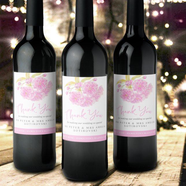 Pink blossom wedding custom wine labels (Creator Uploaded)