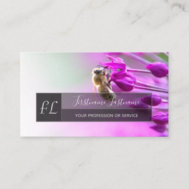 Pink blossom with bee gray rectangle monogram business card (Front)