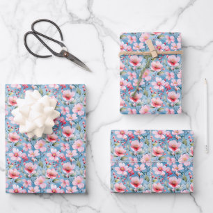 Pink Blossoming Flowers on Blue Wrapping Paper Sheets