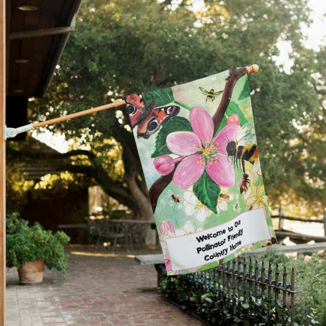Pink Blossoming Tree with Bees Personalized House Flag (In SItu)