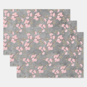 Pink Blossoms and Branches on Grey Wrapping Paper Sheets