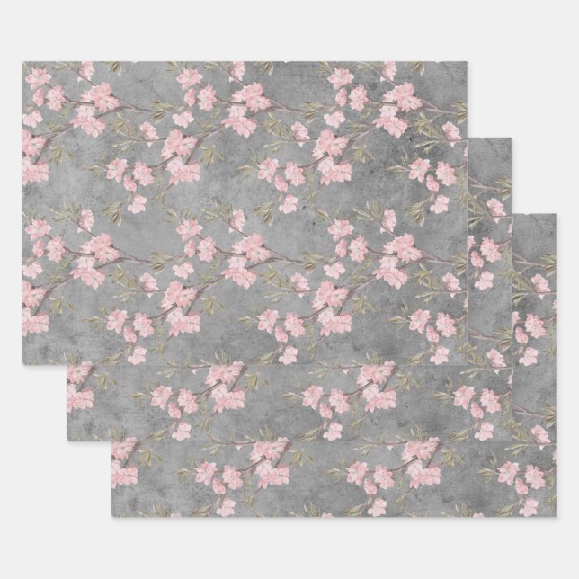 Pink Blossoms and Branches on Grey Wrapping Paper Sheets (Set)