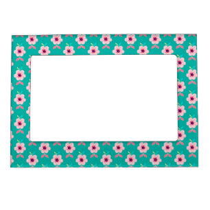 Pink Blossoms and Leaves on Teal Background Magnetic Frame