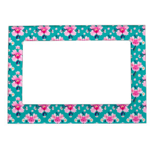 Pink Blossoms and Leaves on Teal Background Magnetic Frame