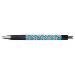 Pink Blossoms and Leaves on Teal Background Pen