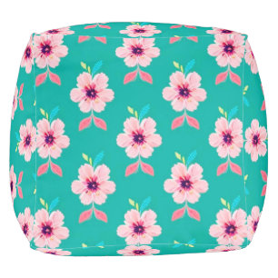 Pink Blossoms and Leaves on Teal Background Pouf