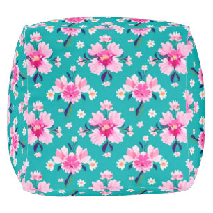 Pink Blossoms and Leaves on Teal Background Pouf