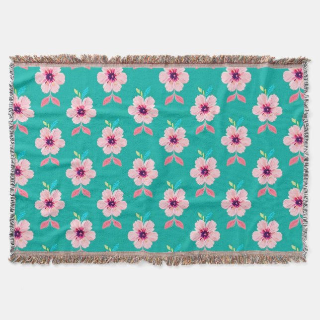 Pink Blossoms and Leaves on Teal Background Throw Blanket (Front)