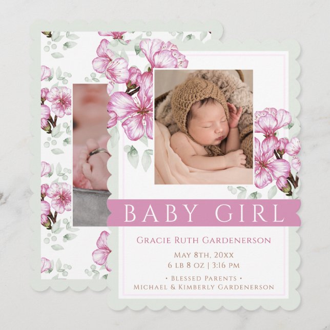 Pink Blossoms Baby Girl  Announcement (Front/Back)