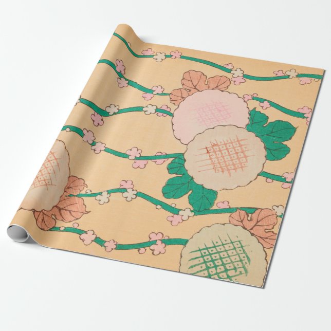 Pink Blossoms Green Vines Floral Print Retro Wrapping Paper (Unrolled)