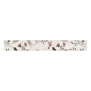 Pink Blossoms & Hummingbirds Floral Pattern Cream Grosgrain Ribbon