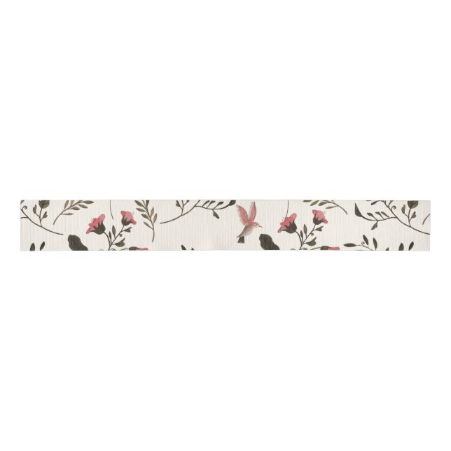 Pink Blossoms & Hummingbirds Floral Pattern Cream Grosgrain Ribbon (Front)