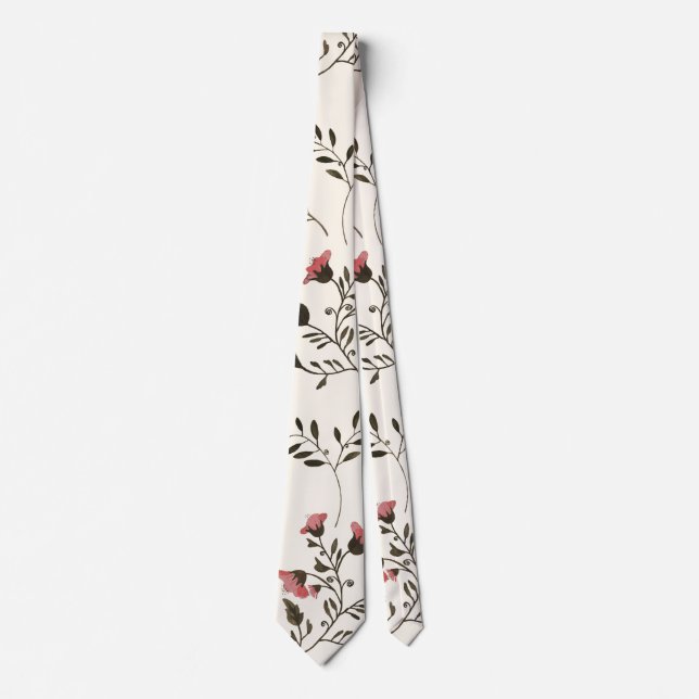 Pink Blossoms & Hummingbirds Floral Pattern Cream Neck Tie (Front)