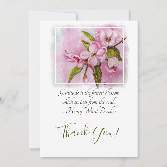 Pink Blossoms in Watercolor Thank You Card (Front)
