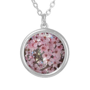 Pink Blossoms on Ornamental Flowering Tree Silver Plated Necklace