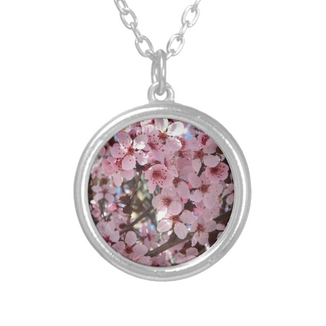 Pink Blossoms on Ornamental Flowering Tree Silver Plated Necklace (Front)