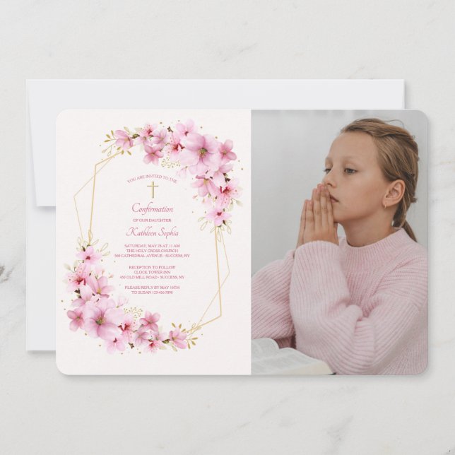 Pink Blossoms Photo Religious  Invitation (Front)