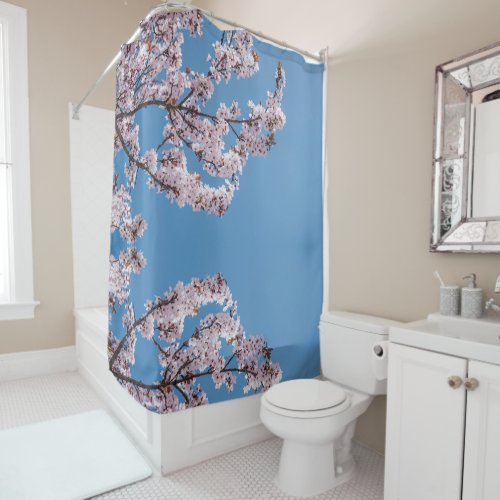 pink blossoms sky shower curtain