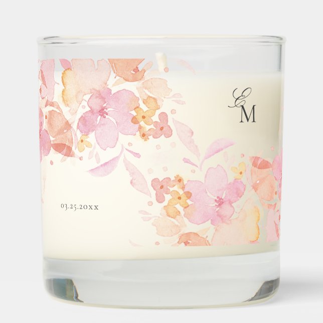Pink Blossoms Watercolor Floral Wedding Scented Candle (Right)