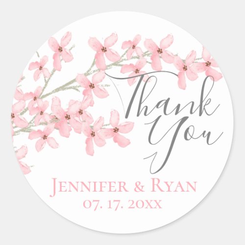 Pink Blossoms Watercolor Thank You Classic Round Sticker