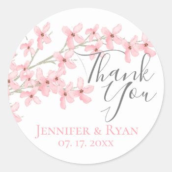 Pink Blossoms Watercolor Thank You Classic Round Sticker by happygotimes at Zazzle