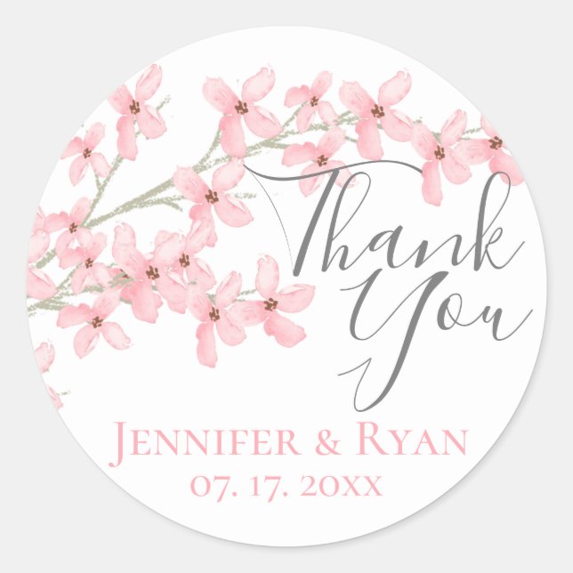 Pink Blossoms Watercolor Thank You Classic Round Sticker (Front)