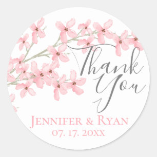 Pink Blossoms Watercolor Thank You Classic Round Sticker