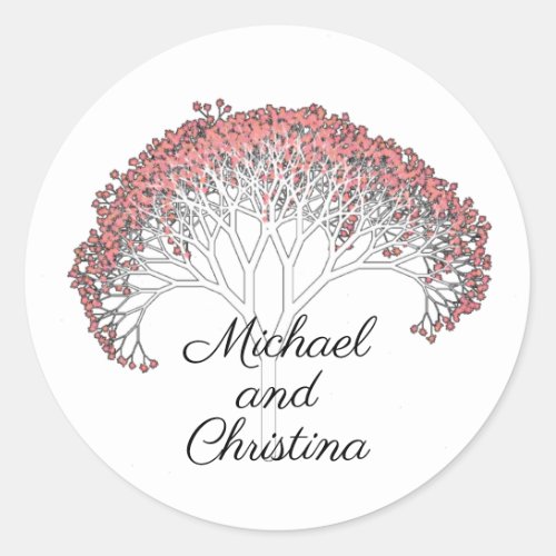 Pink Blossoms White Fractal Art Tree with Names Classic Round Sticker