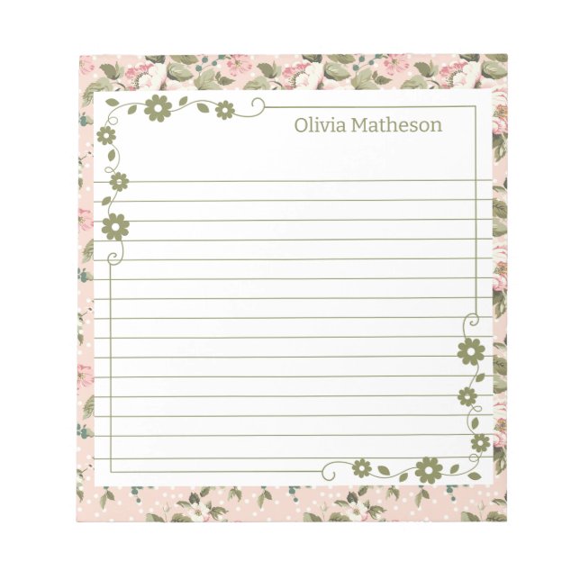 Pink Blossoms with Green Leaf Borders Notepad (Front)