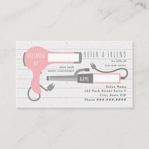 Pink Blow Dryer  Curling Iron Salon Referral Business Card