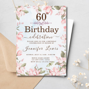 Pink Blue 60 Fabulous Floral Birthday Party Invitation