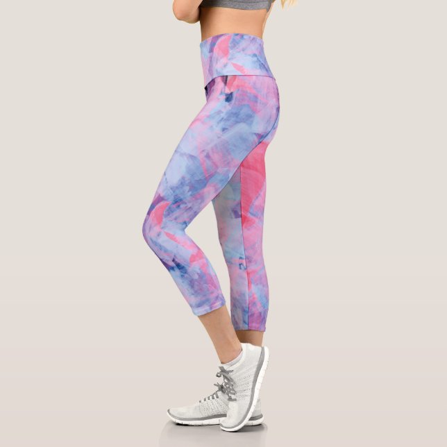 Pink Blue Abstract Brush Strokes Design Capri Leggings (Left)