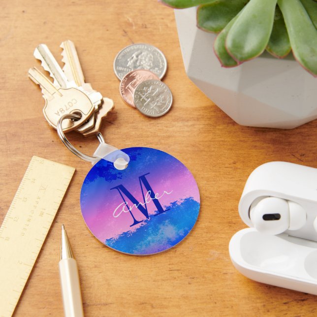 Pink Blue Abstract Sunset Ocean Personalized Keychain (Desk)
