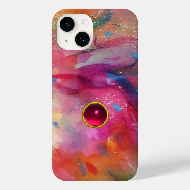 PINK BLUE ABSTRACT WITH 3D RED RUBY GEMSTONE Case-Mate iPhone CASE (Back)