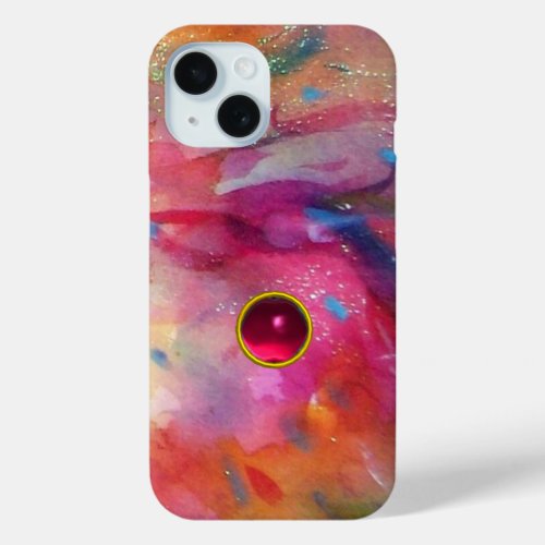 PINK BLUE ABSTRACT WITH 3D RED RUBY GEMSTONE iPhone 15 CASE