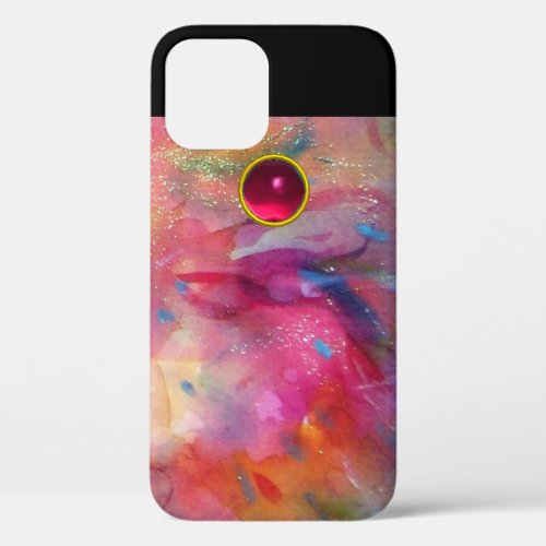 PINK BLUE ABSTRACT WITH 3D RED RUBY GEMSTONE iPhone 12 CASE