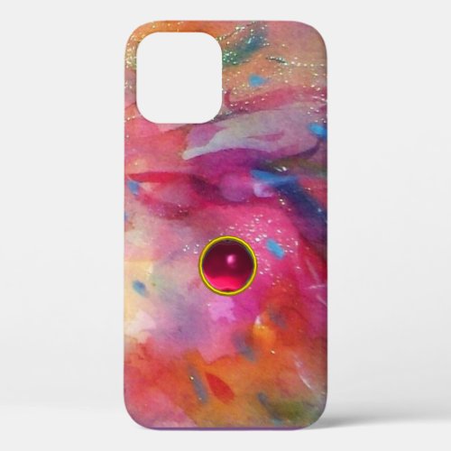 PINK BLUE ABSTRACT WITH 3D RED RUBY GEMSTONE iPhone 12 CASE
