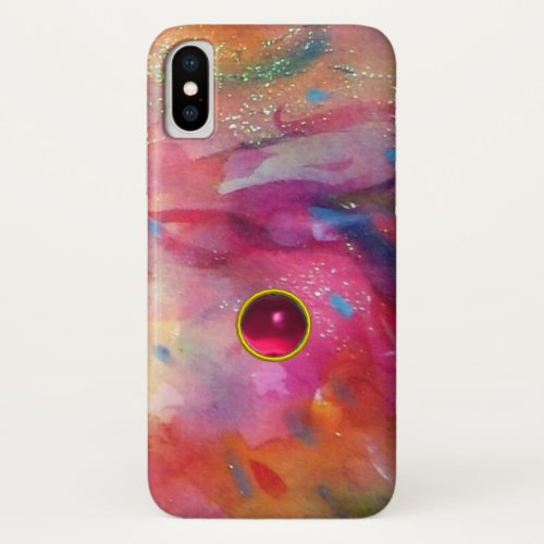 PINK BLUE ABSTRACT WITH 3D RED RUBY GEMSTONE iPhone X CASE