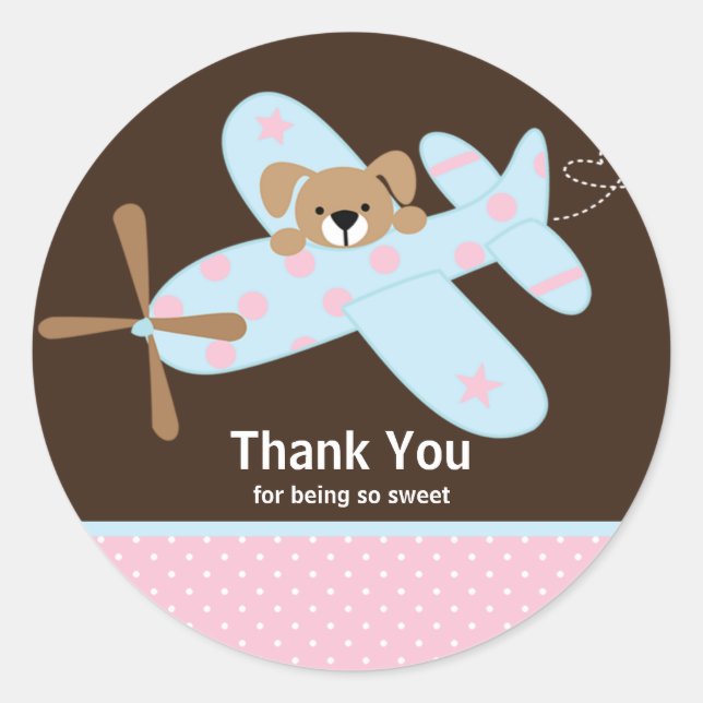 Pink & Blue Airplane Thank You Baby Shower Sticker (Front)