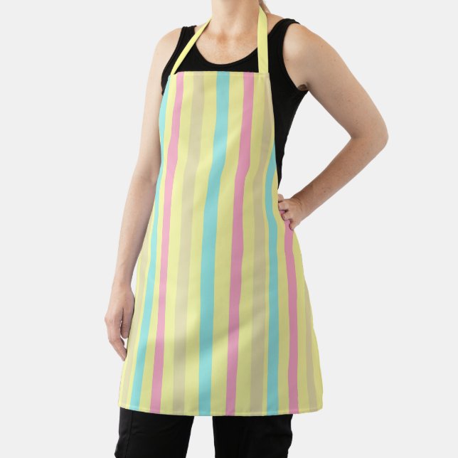 Pink, blue and brown stripes on yellow apron (Insitu)